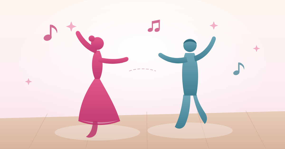 音楽に合わせて、それぞれのパーソナルスペースを保ちながら踊る2人のイラスト