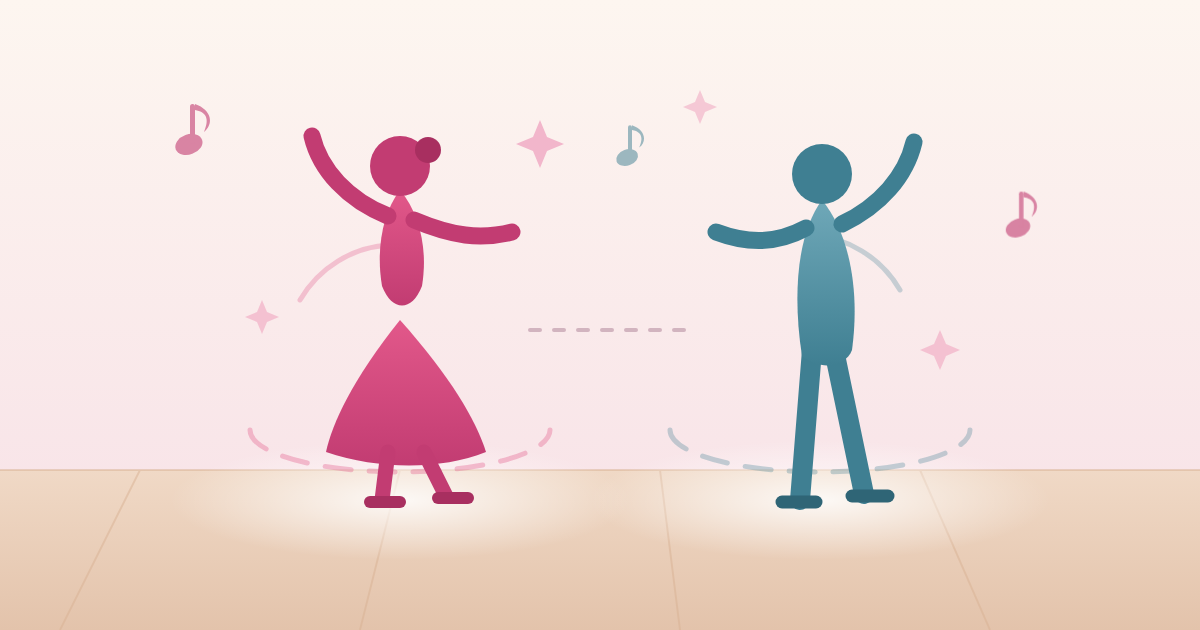 音楽に合わせて、それぞれのパーソナルスペースを保ちながら離れて踊る2人のイラスト