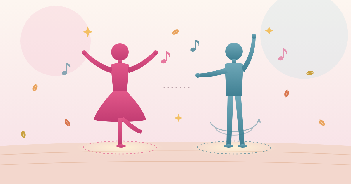 秋の木の葉が舞うなか、それぞれのパーソナルスペースを保ちながら離れて踊る2人のイラスト